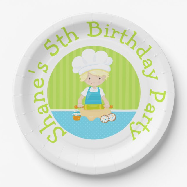 Cute Blonde Hair Boy Baking Birthday Party Paper Plate (Front)