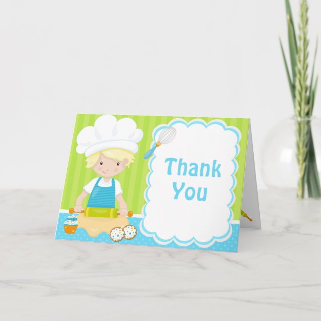 Cute Blonde Hair Boy Baking Birthday Party Thank You Card (Front)