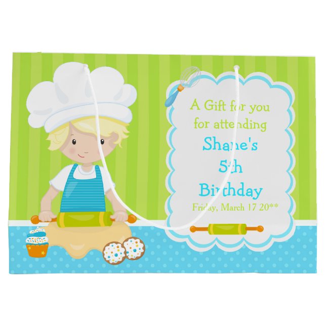 Cute Blonde Hair Boy Baking Thank You Large Gift Bag (Back)