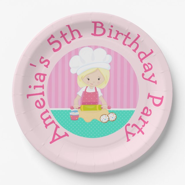 Cute Blonde Hair Girl Baking Birthday Party Paper Plate (Front)