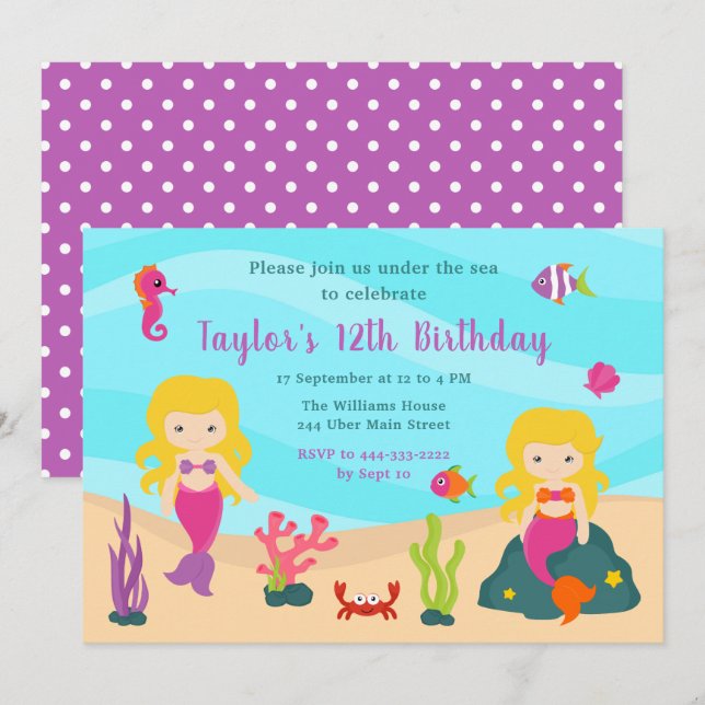 Cute Blonde Hair Mermaid Birthday Invitation (Front/Back)