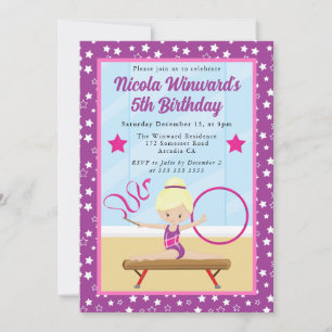 Cute Blonde Haired Girl Gymnast Kids Birthday Invitation