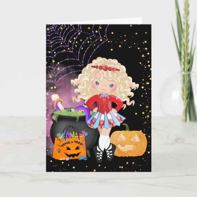 Cute Blonde Irish Dancer Halloween Holiday Card (Front)