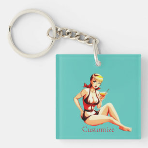 Cute Blonde Martini Bikini Girl Thunder_Cove Key Ring