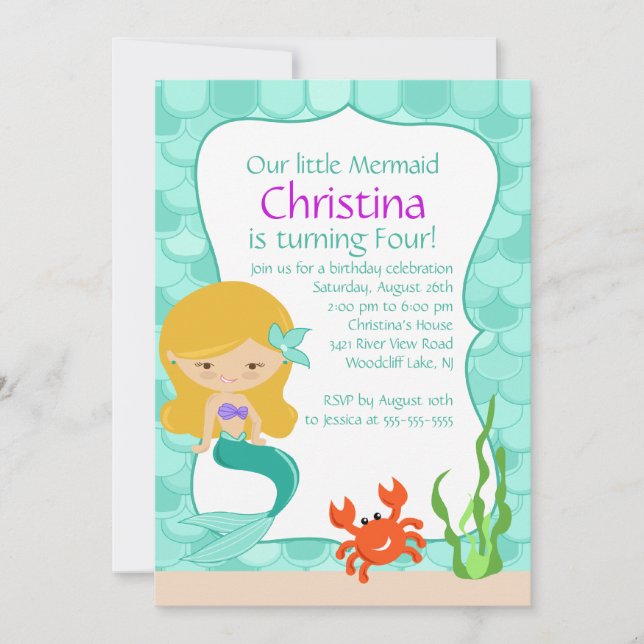 Cute Blonde Mermaid Birthday Invitation (Front)