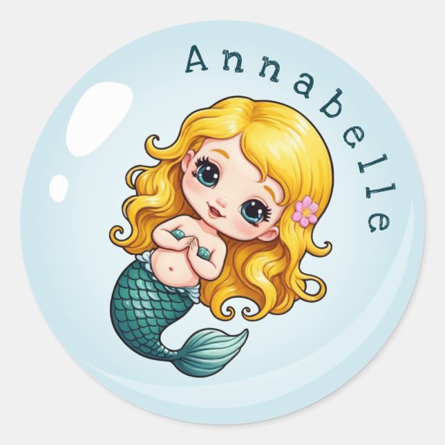 Cute Blonde Mermaid in a Bubble Personalise Classic Round Sticker (Front)