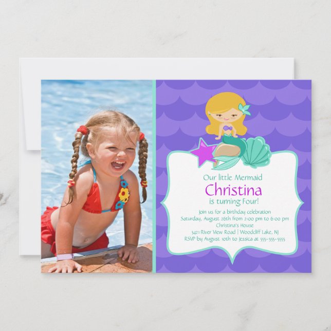 Cute Blonde Mermaid Photo Birthday Invitation (Front)