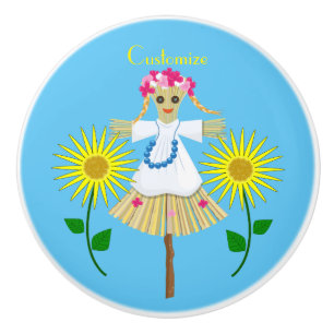 Cute Blonde Pigtails Scarecrow Ceramic Knob