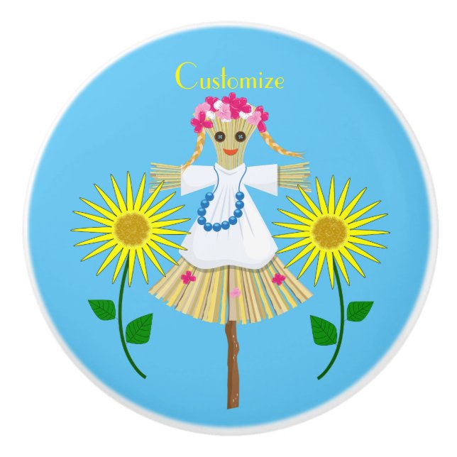 Cute Blonde Pigtails Scarecrow Ceramic Knob (Front)