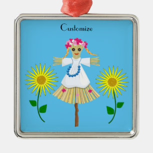 Cute Blonde Pigtails Scarecrow  Metal Tree Decoration