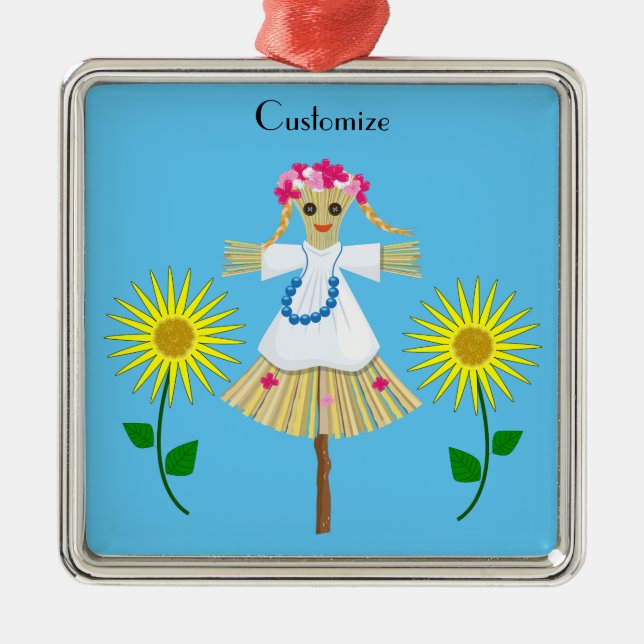 Cute Blonde Pigtails Scarecrow  Metal Tree Decoration (Front)