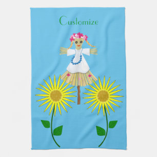 Cute Blonde Pigtails Scarecrow Tea Towel