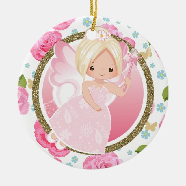 Cute Blonde Pink Floral Fairy Christmas Ceramic Tree Decoration (Front)