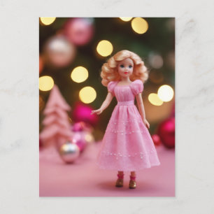 Cute Blonde Pink Retro Christmas Doll Postcard