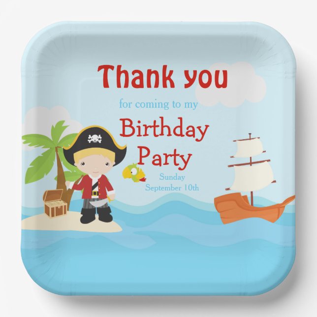 Cute Blonde Pirate Boy in Red Birthday Paper Plate (Front)