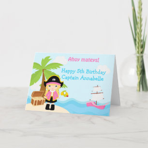 Cute Blonde Pirate Girl in Pink Birthday Party Card