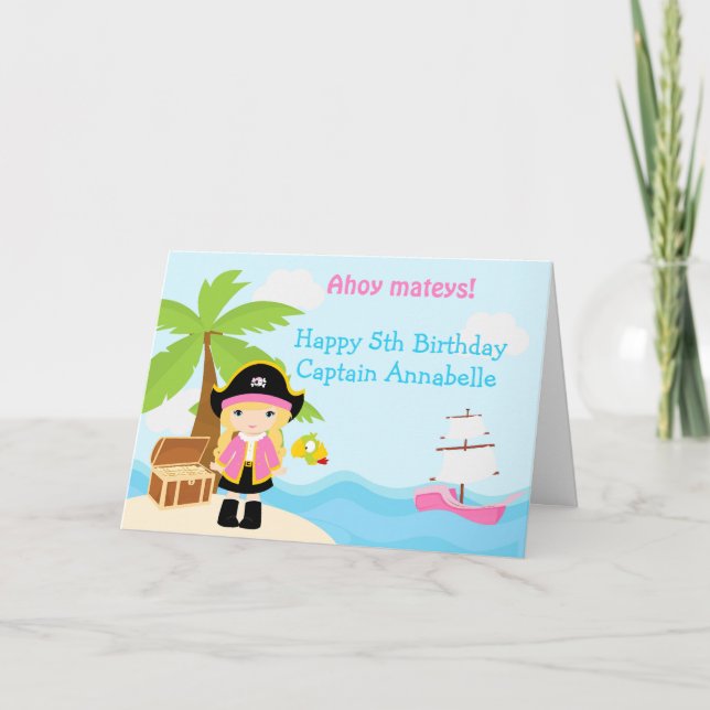 Cute Blonde Pirate Girl in Pink Birthday Party Card (Front)