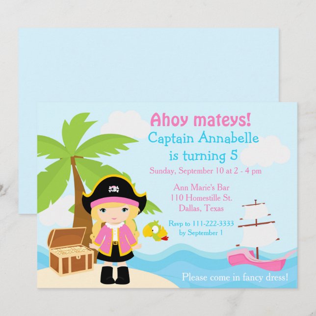 Cute Blonde Pirate Girl in Pink Birthday Party Invitation (Front/Back)