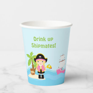 Cute Blonde Pirate Girl in Pink Birthday Party Paper Cups