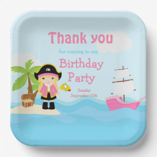 Cute Blonde Pirate Girl in Pink Birthday Party Paper Plate