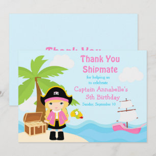 Cute Blonde Pirate Girl in Pink Birthday Party Thank You Card