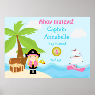 Cute Blonde Pirate Girl in Pink Birthday Poster