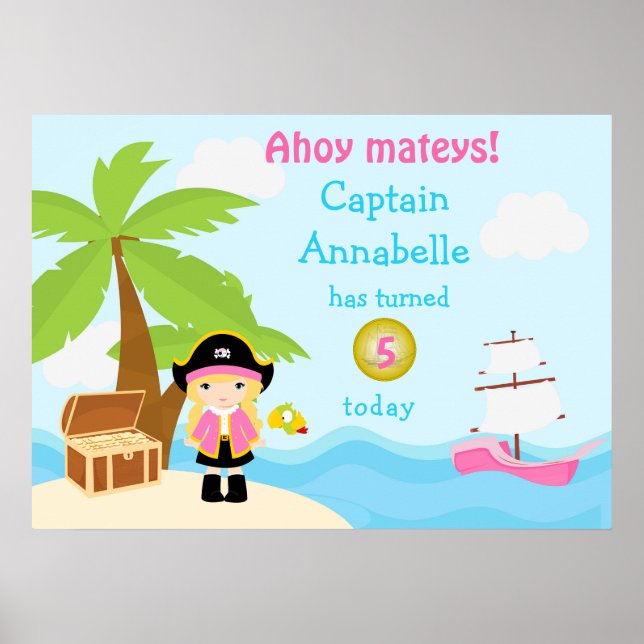 Cute Blonde Pirate Girl in Pink Birthday Poster (Front)