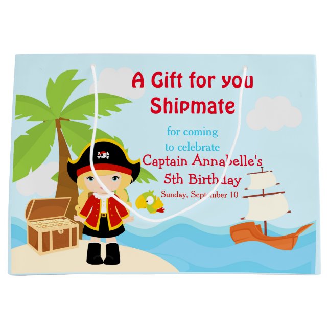 Cute Blonde Pirate Girl in Red Birthday Large Gift Bag (Front)