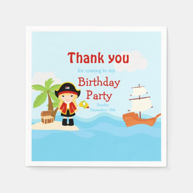 Cute Blonde Pirate Girl in Red Birthday Napkin (Front)
