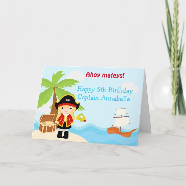 Cute Blonde Pirate Girl in Red Birthday Party Card (Front)