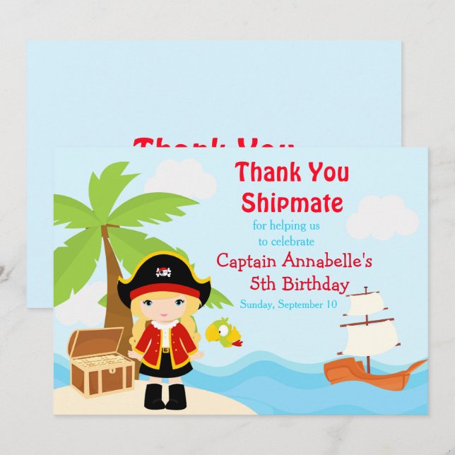 Cute Blonde Pirate Girl in Red Birthday Party Thank You Card (Front/Back)