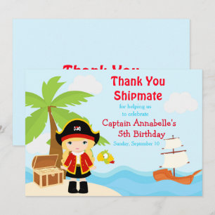 Cute Blonde Pirate Girl in Red Birthday Party Thank You Card
