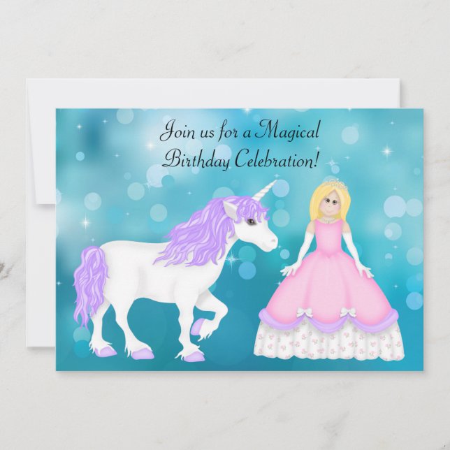 Cute Blonde Princess and Unicorn Birthday Invitation (Front)