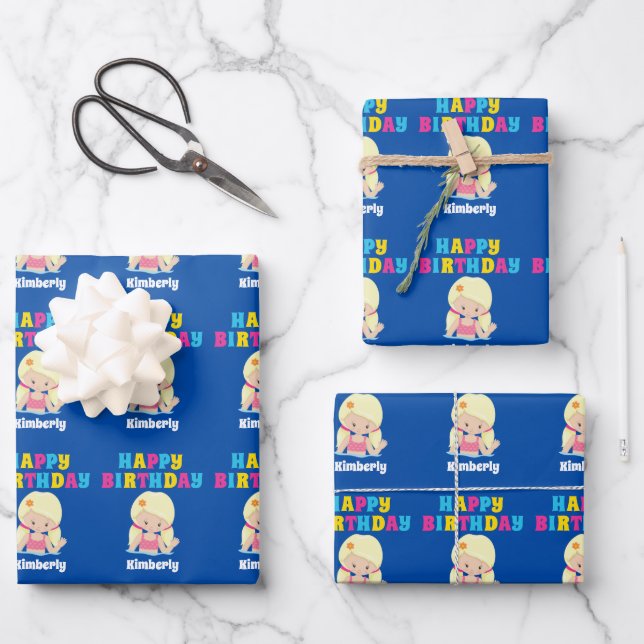 Cute Blonde Swimmer Girl Custom Kids Birthday Wrapping Paper Sheet (Front)
