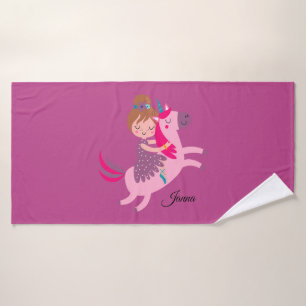 Cute Blondie Haired Girl Riding on a Unicorn Bath Towel