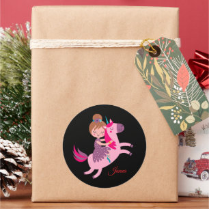 Cute Blondie Haired Girl Riding on a Unicorn Classic Round Sticker