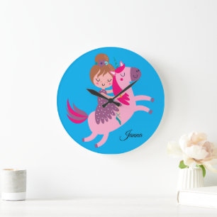 Cute Blondie Haired Girl Riding on a Unicorn Large Clock