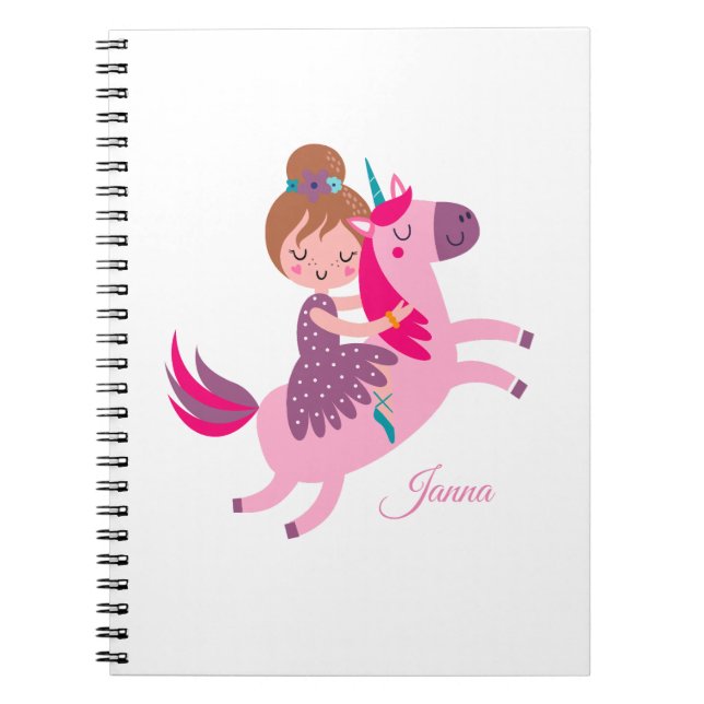 Cute Blondie Haired Girl Riding on a Unicorn Notebook (Front)