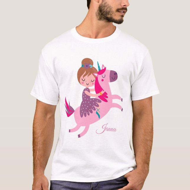 Cute Blondie Haired Girl Riding on a Unicorn T-Shirt (Front)
