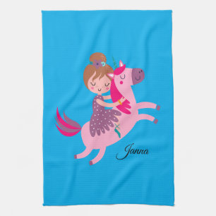 Cute Blondie Haired Girl Riding on a Unicorn Tea Towel
