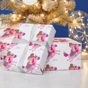 Cute Blondie Haired Girl Riding on a Unicorn Wrapping Paper