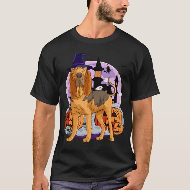 Cute Bloodhound Dog Halloween Witch Pumpkin T-Shirt (Front)