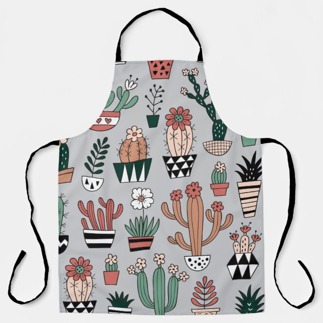 Cute Blooming Cactuses: Hand-Drawn Pattern Apron (Front)