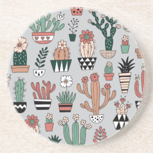 Cute Blooming Cactuses: Hand-Drawn Pattern Coaster