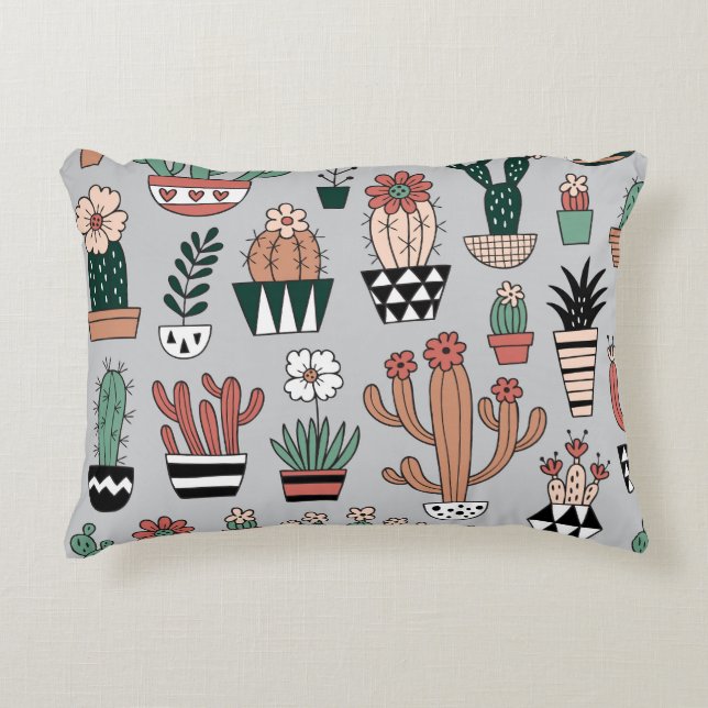 Cute Blooming Cactuses: Hand-Drawn Pattern Decorative Cushion (Front)