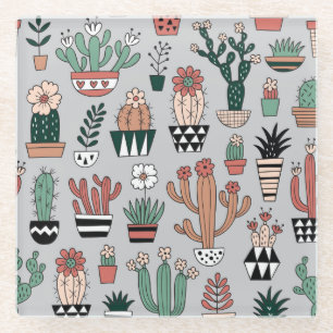 Cute Blooming Cactuses: Hand-Drawn Pattern Glass Coaster