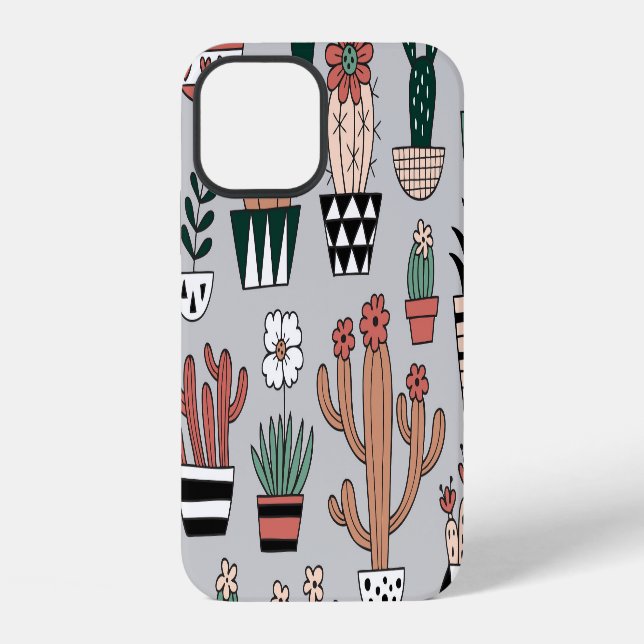 Cute Blooming Cactuses: Hand-Drawn Pattern iPhone Case (Back)