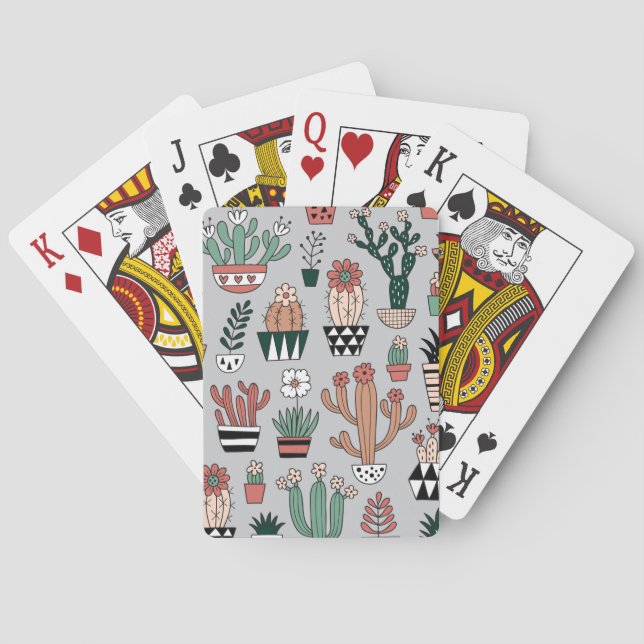 Cute Blooming Cactuses: Hand-Drawn Pattern Playing Cards (Back)