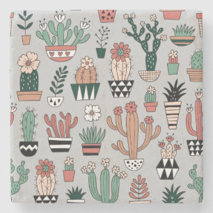 Cute Blooming Cactuses: Hand-Drawn Pattern Stone Coaster
