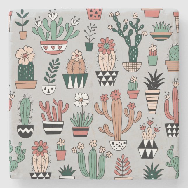Cute Blooming Cactuses: Hand-Drawn Pattern Stone Coaster (Front)
